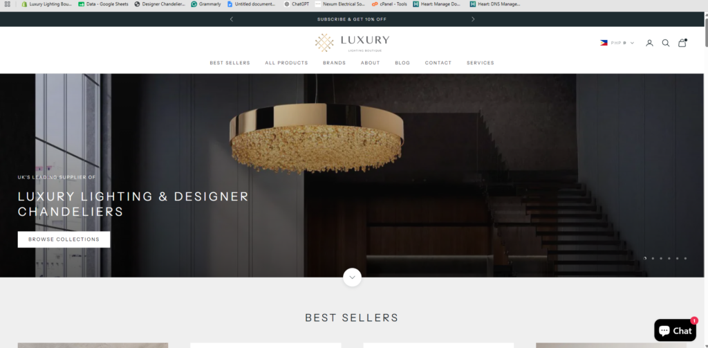 Luxury Lighting Boutique Shopify homepage and ecommerce development project